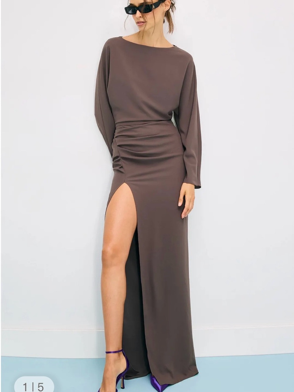Sleek Brown Long Sleeve Maxi Dress with High Side Slit